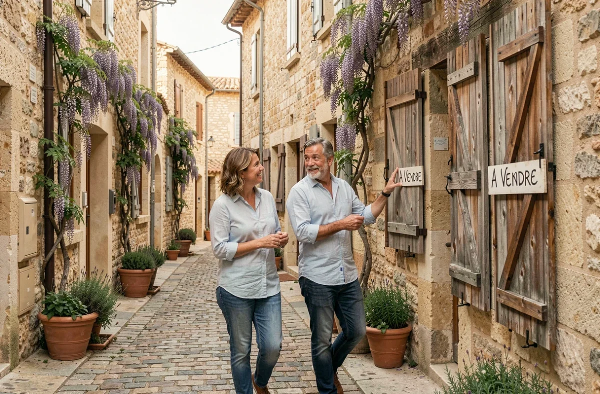 Couple en visite immobilière dans un village provençal, découvrant une maison en pierre à vendre avec volets en bois