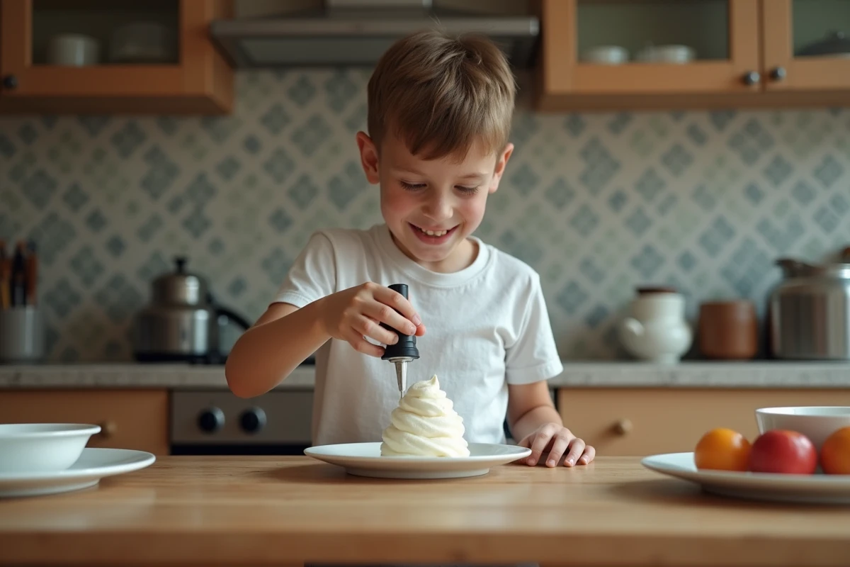 Adolescent utilisant siphon à chantilly sur dessert