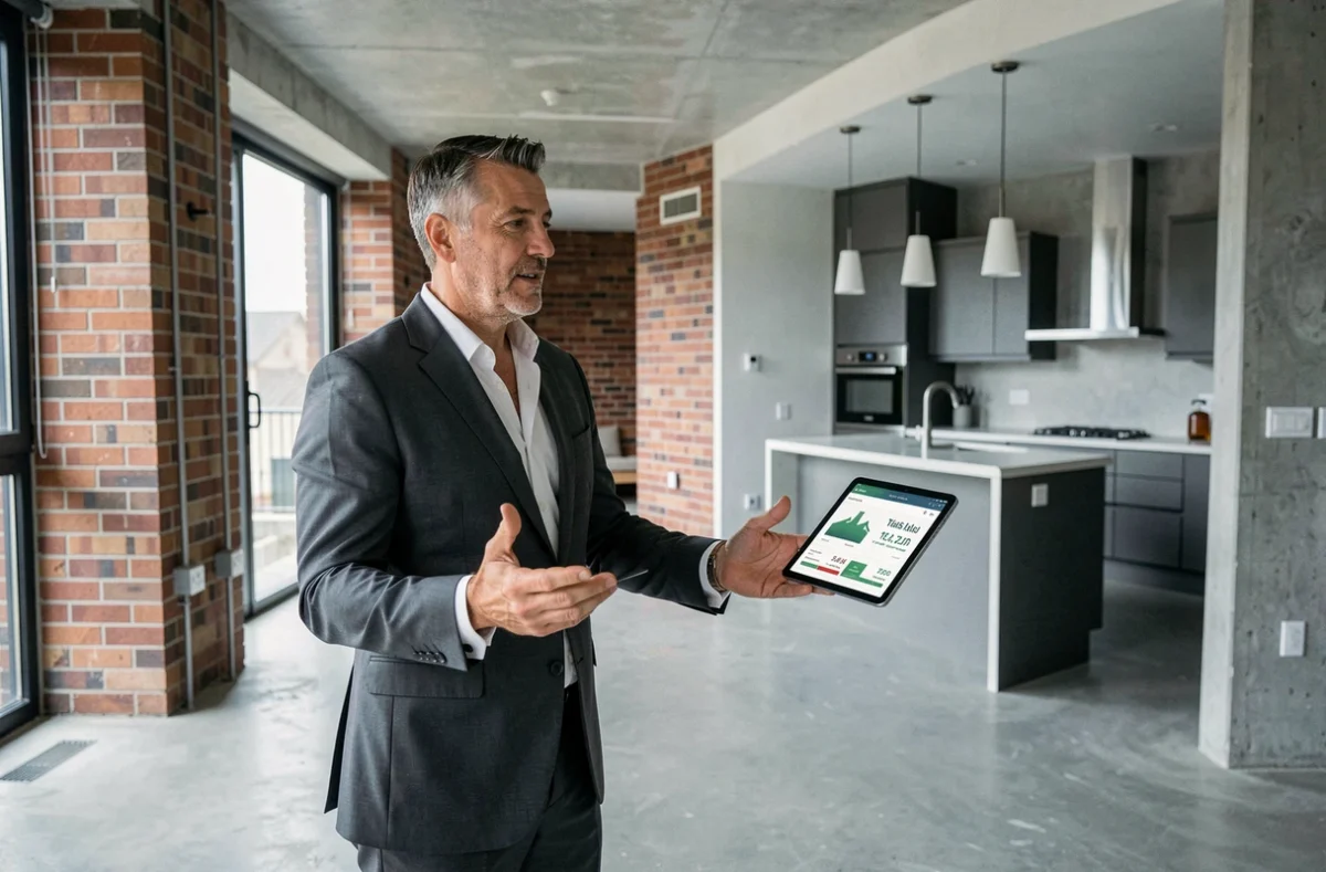 Agent immobilier présentant un appartement rénové avec parquet béton et briques apparentes lors d'une visite locative