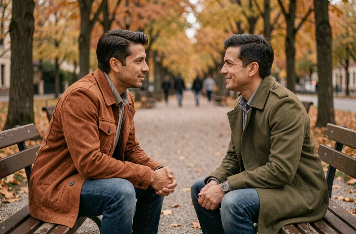 Deux amis assis sur un banc de parc en automne partageant une conversation sincère, illustrant les liens émotionnels renforcés par la pensée mutuelle
