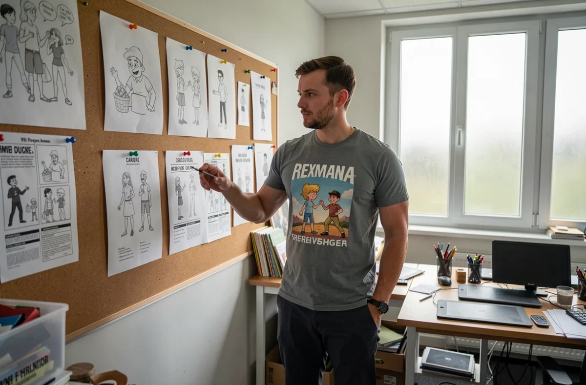Animateur présentant son storyboard et son CV dans un studio d'animation lors de sa recherche d'emploi