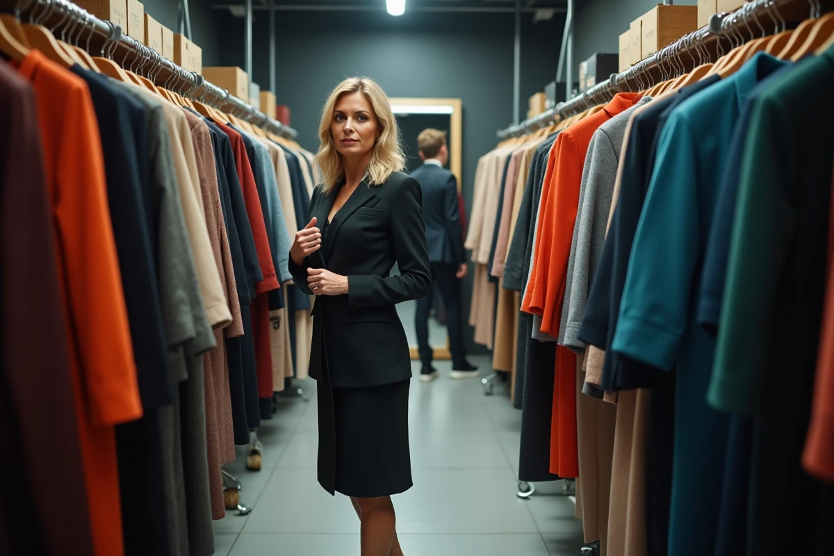 Animatrice de télévision française explorant le département costumes d'un studio de production, entourée de portants de vêtements soigneusement organisés