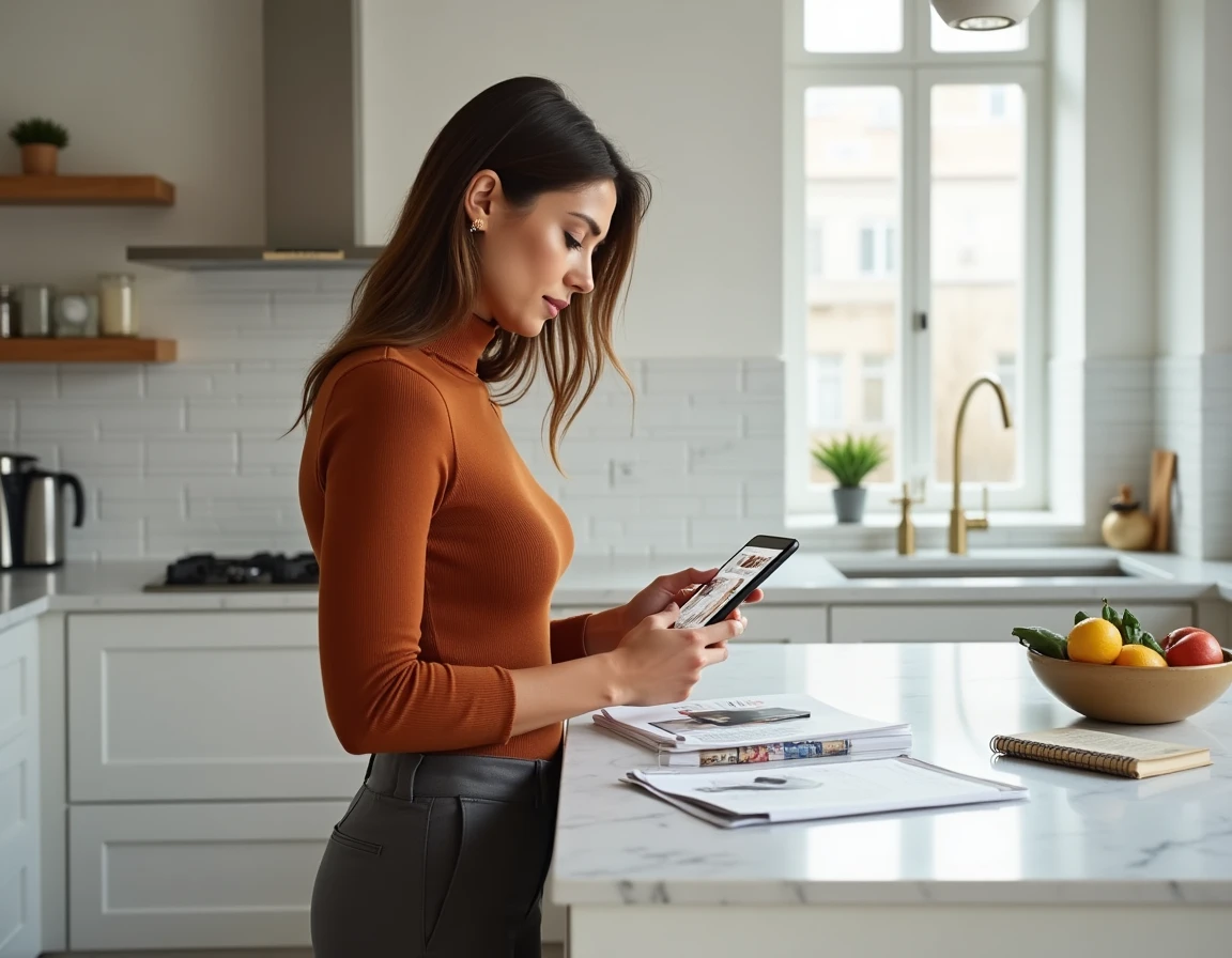 Femme organisant ses astuces de shopping en ligne avec des références de tendances mode sur un comptoir de cuisine moderne