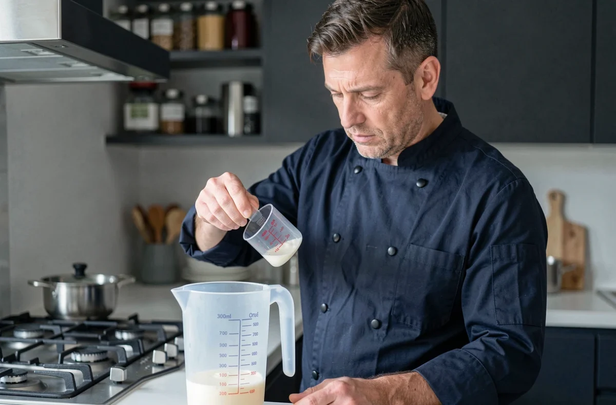 Chef mesurant 300 ml dans une cuisine professionnelle en comparant les graduations avec un litre