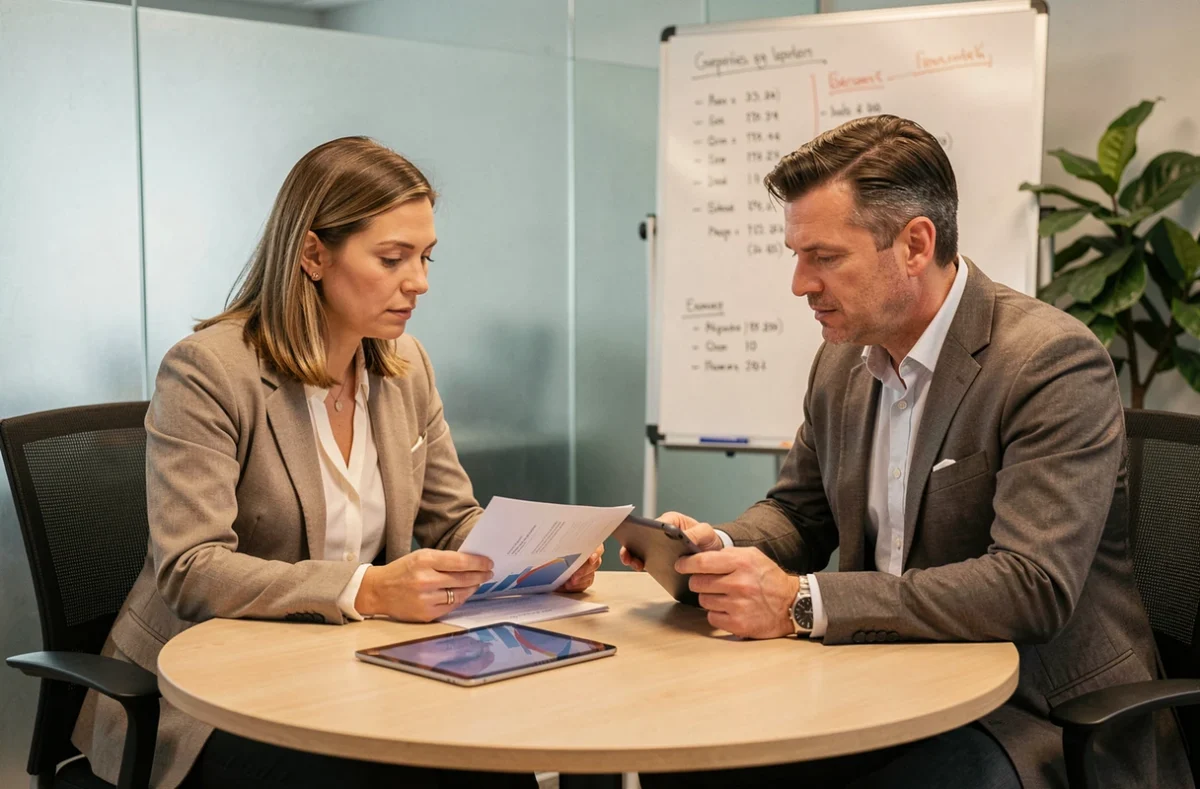 Deux professionnels collaborant sur des ressources de planification financière autour d'une table de réunion moderne