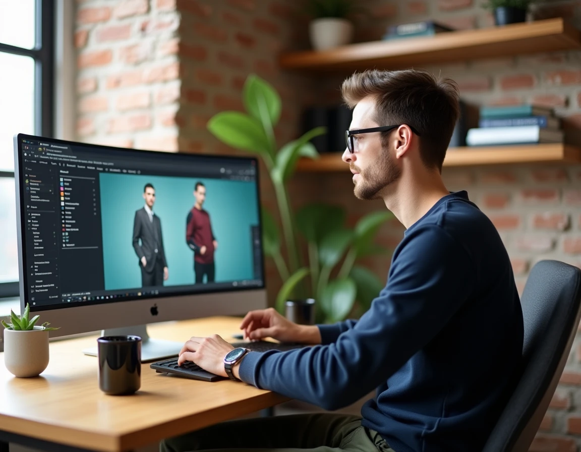 Jeune homme comparant des articles de mode tendance sur deux sites e-commerce depuis son bureau à domicile