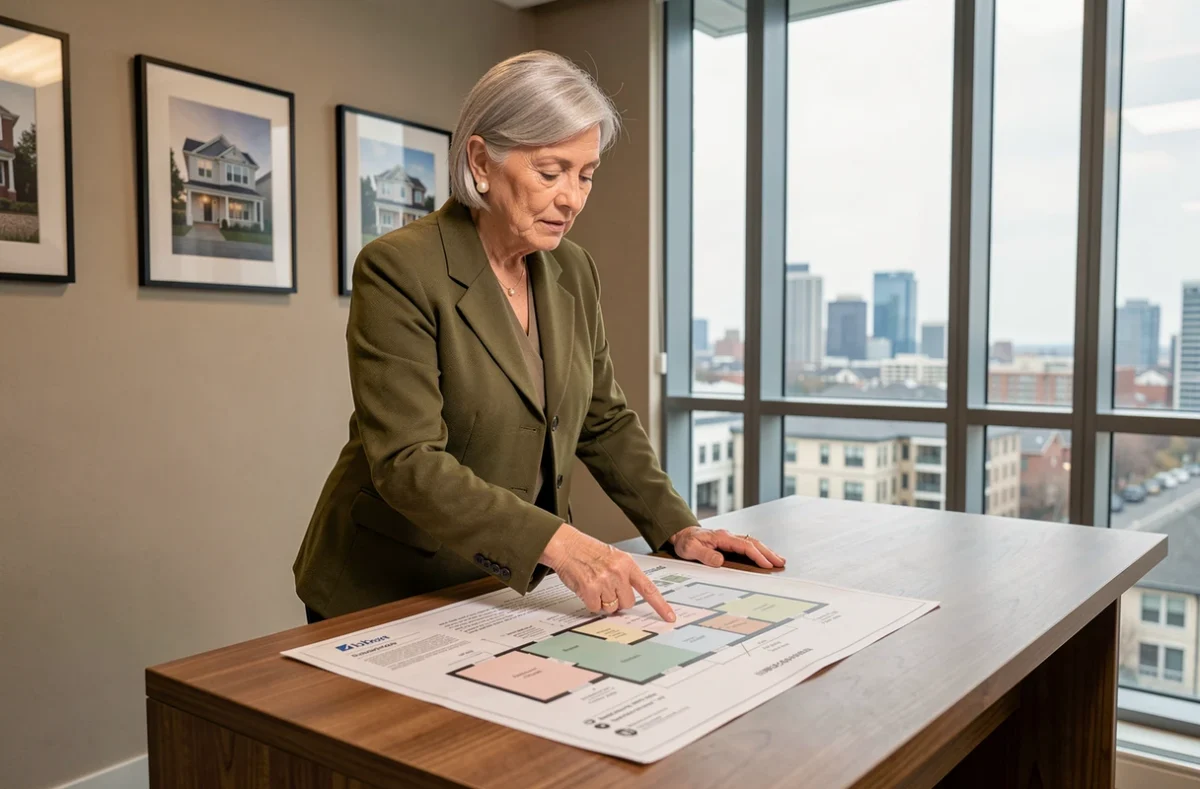 Conseillère immobilière expérimentée présentant un plan du site imprimé de l'agence Catherine Immo sur un bureau de consultation