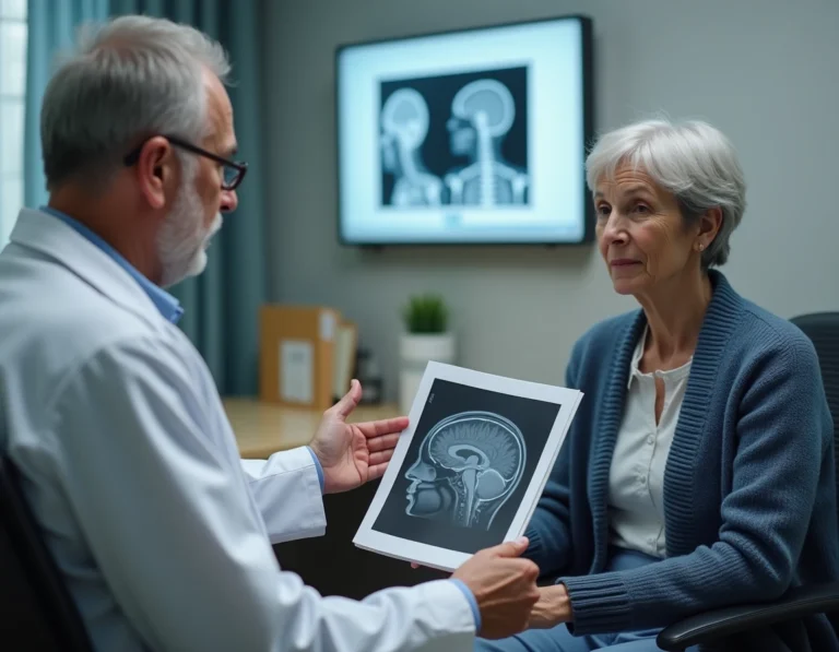 Une femme âgée en consultation neurologique discutant d'une leucopathie vasculaire avec son médecin devant une IRM cérébrale