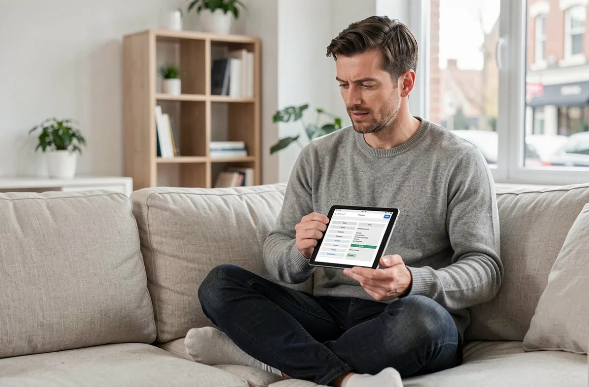 Homme consultant le plan du site d'une agence immobilière sur une tablette depuis son salon moderne