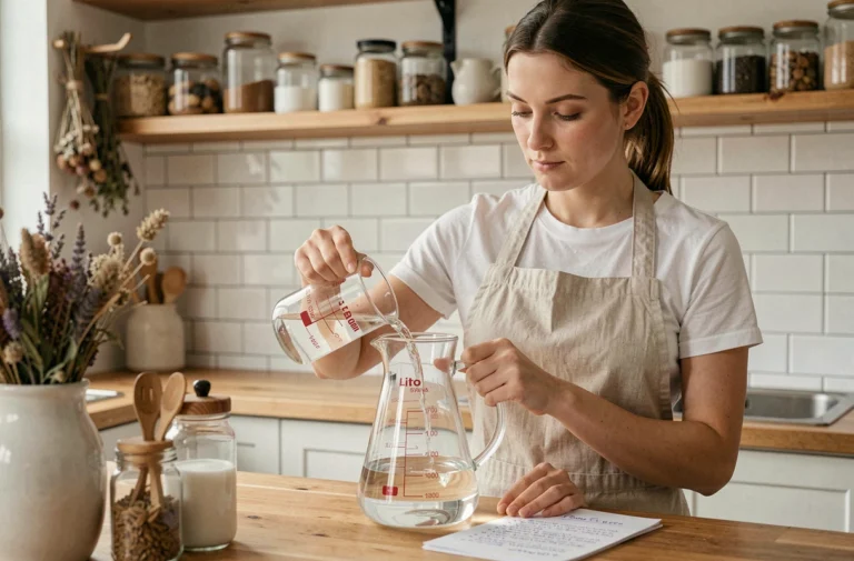 Femme versant 300 ml d'eau dans un litre gradué sur un comptoir de cuisine en bois