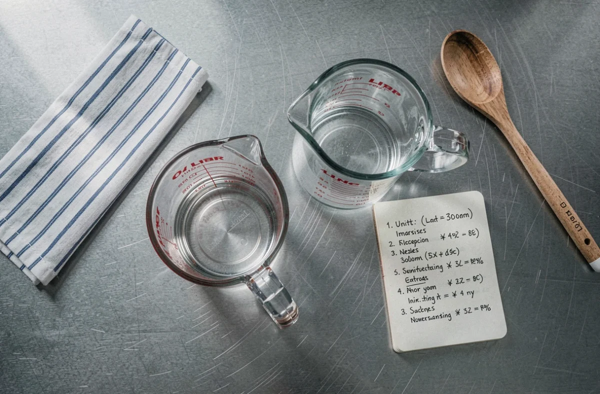 Vue aérienne de tasses graduées de 300 ml et 1 litre sur un comptoir en acier inoxydable avec des notes de conversion