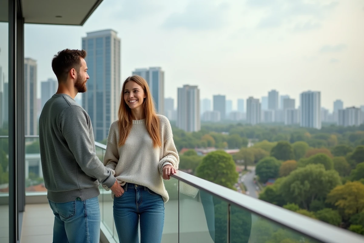 Couple sur balcon d un appartement neuf avec vue sur la ville