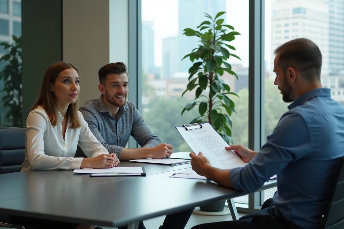 Jeune couple examinant des papiers avec un banquier