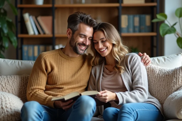 Couple souriant sur un canapé dans un salon chaleureux