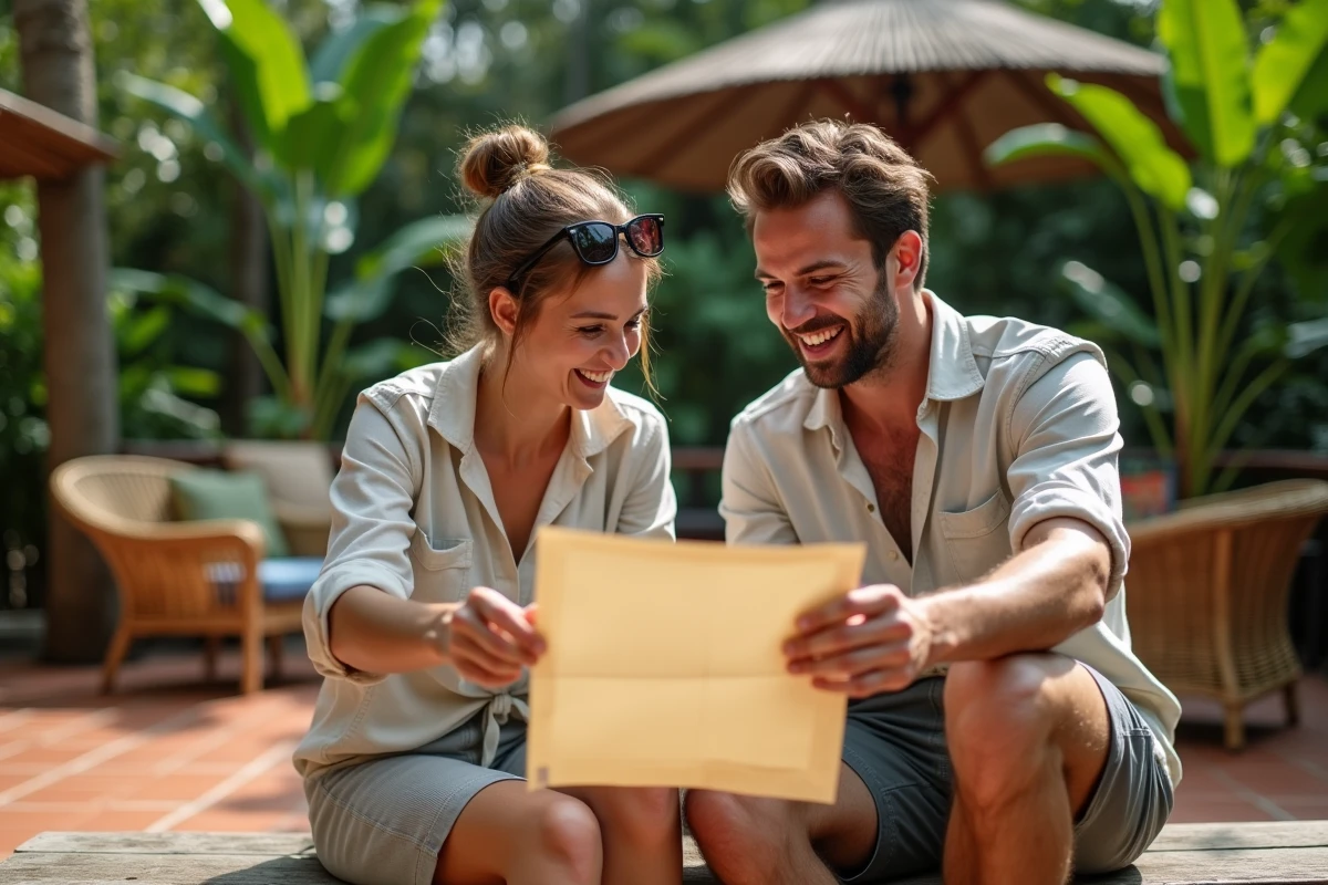 Couple en voyage planifiant leur itinéraire sur une terrasse tropicale avec un carnet de route