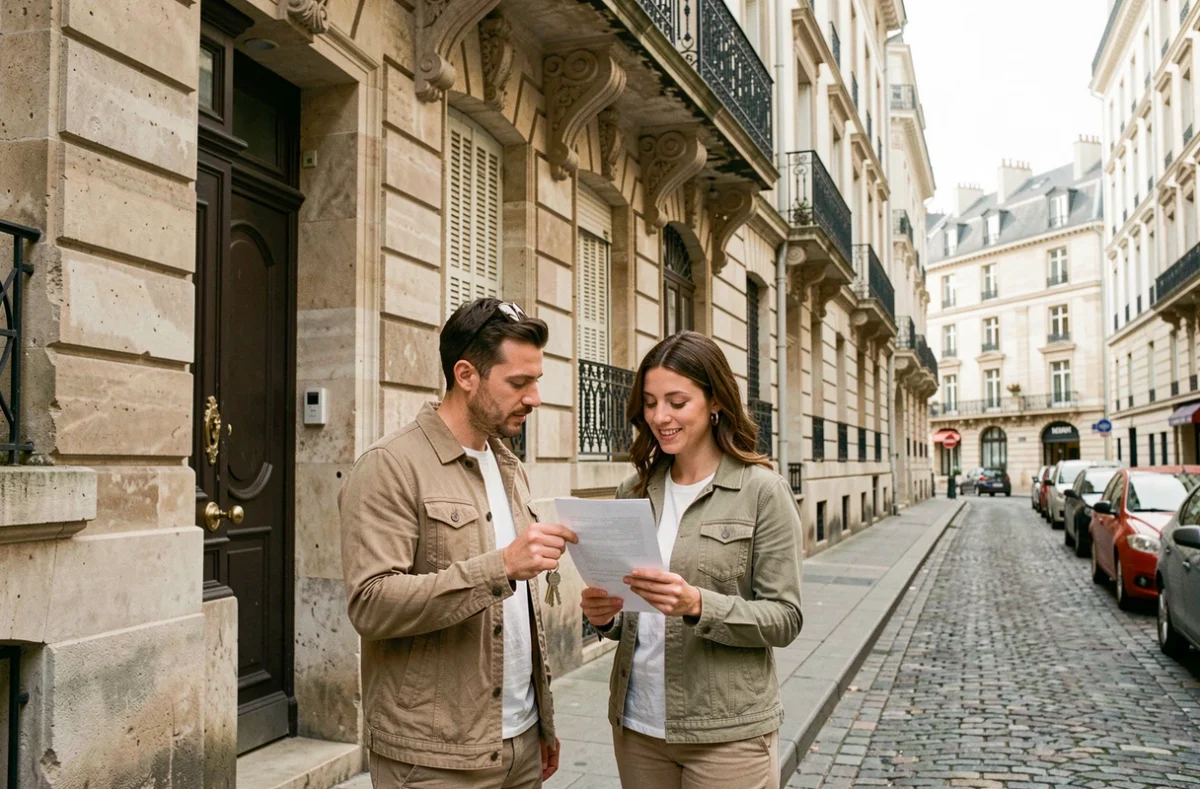 Couple de propriétaires tenant les clés de leur appartement locatif rénové dans une rue typique de Lyon
