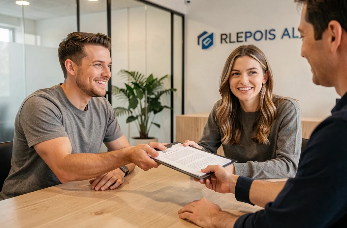 Couple remettant un dossier de location complet à un agent immobilier en agence