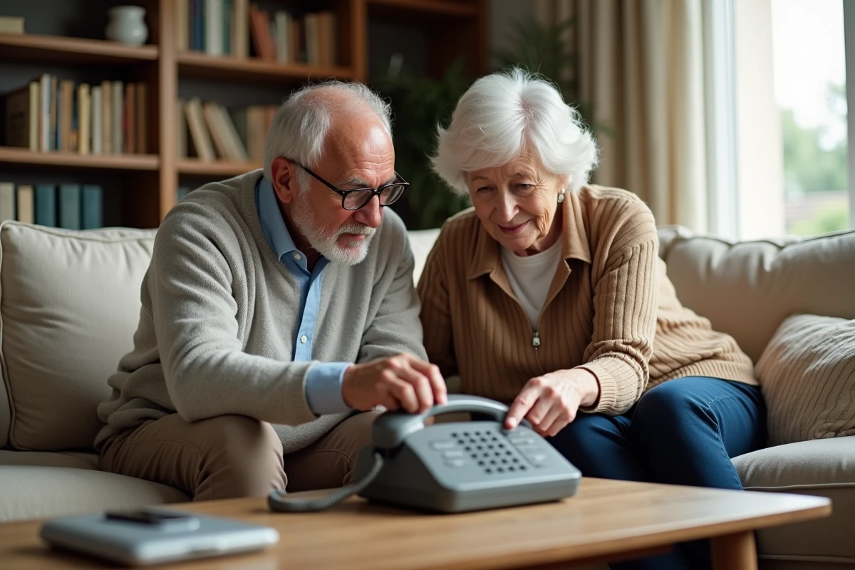 Couple de seniors examinant un téléphone fixe à grosses touches adapté pour personnes âgées
