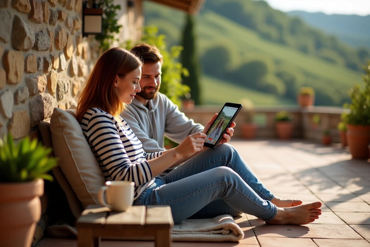Couple regardant Moovbob sur une tablette sur la terrasse d'une maison de campagne française avec un accès sans restrictions géographiques