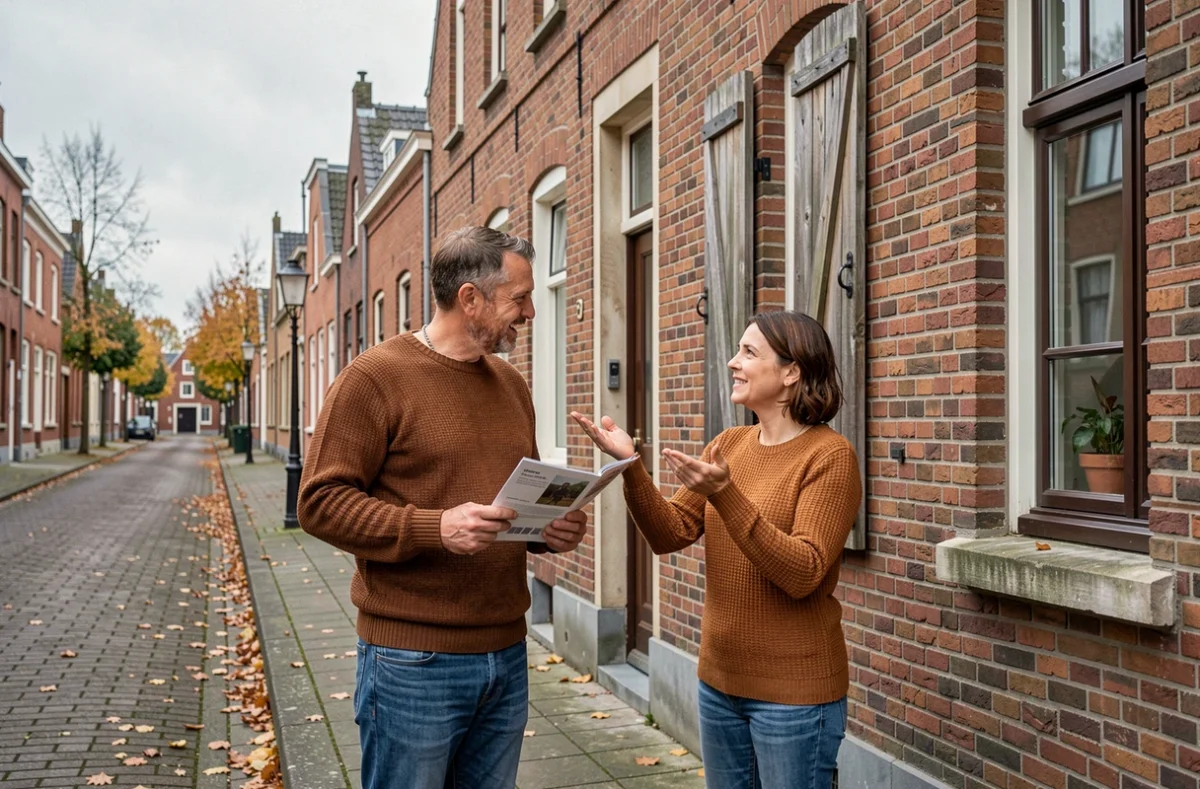 Couple visitant une maison en briques rouges dans une rue résidentielle belge en automne