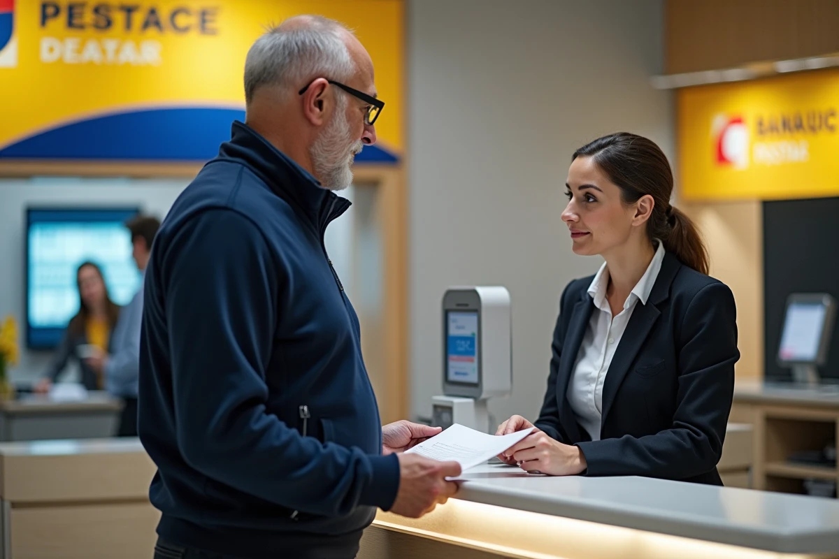 Client discutant avec un conseiller en agence La Banque Postale pour récupérer son identifiant de connexion