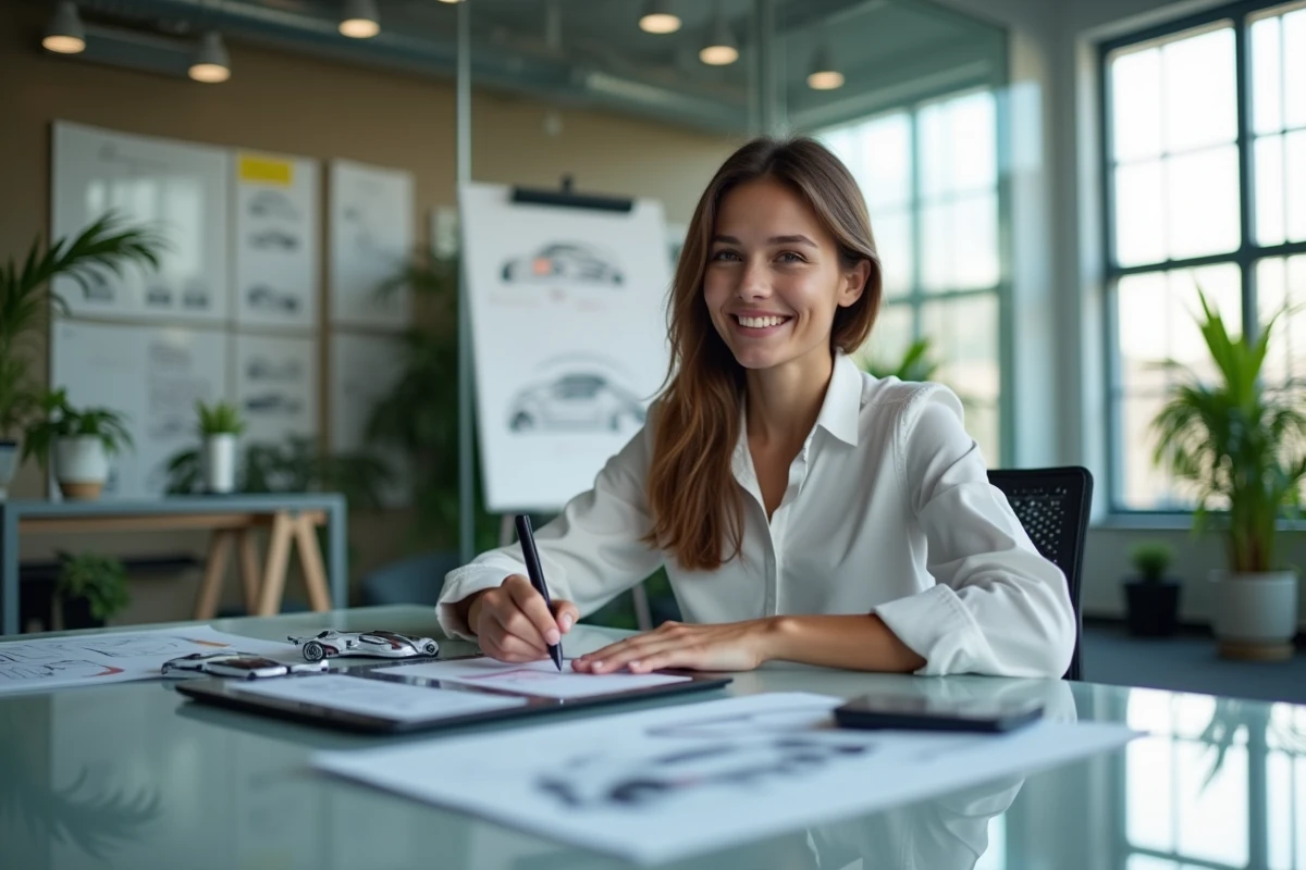Jeune femme designer en bureau esquissant une voiture futuriste