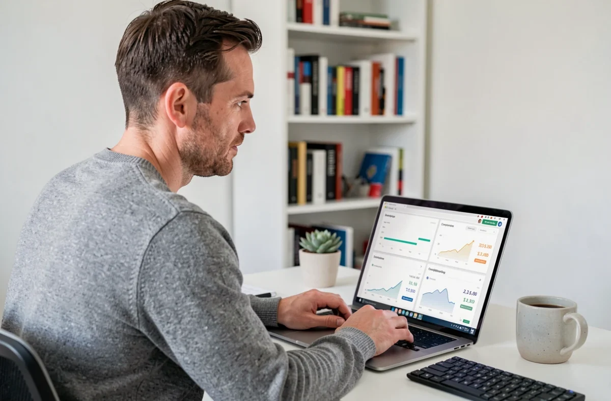 Entrepreneur concentré analysant les performances de son commerce en ligne depuis un bureau à domicile