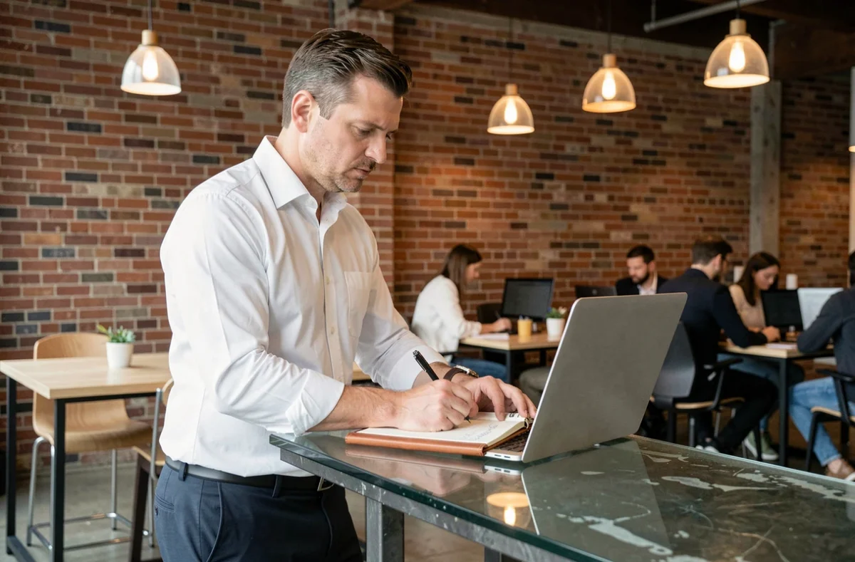 Entrepreneur prenant des notes dans un espace de coworking lors d'une session de développement professionnel et financier