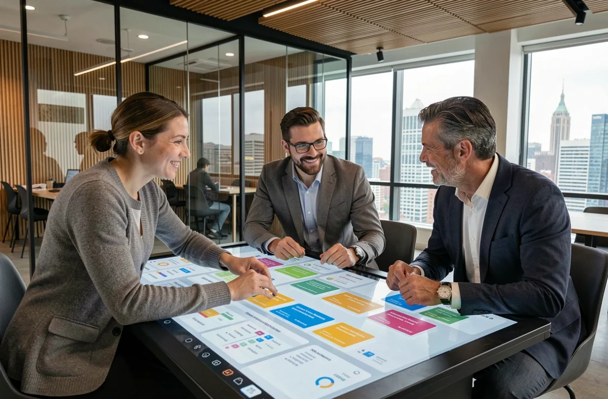 Équipe professionnelle collaborant sur une plateforme de gestion de projets en ligne dans un espace de coworking