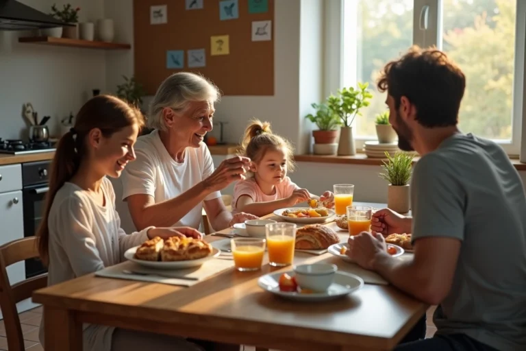 Famille multigeneration partageant un petit déjeuner convivial