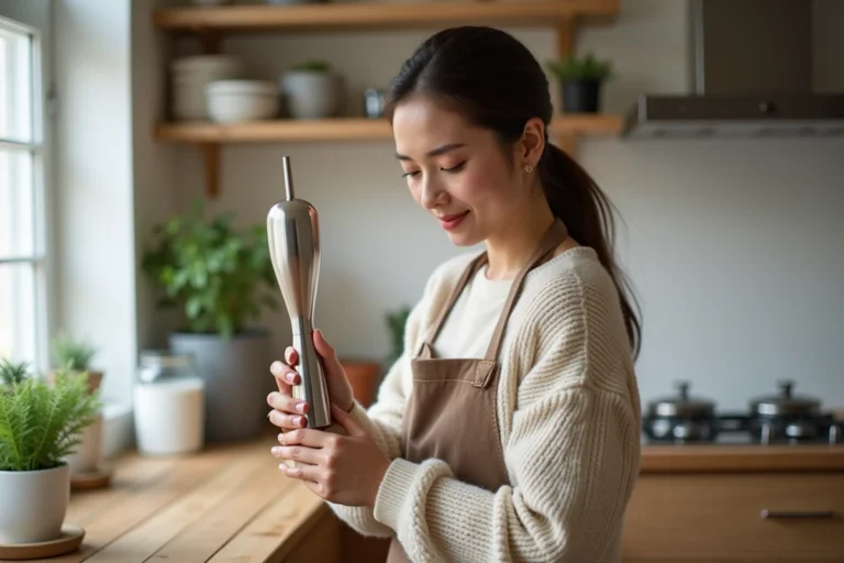 Femme dans la cuisine avec siphon à chantilly