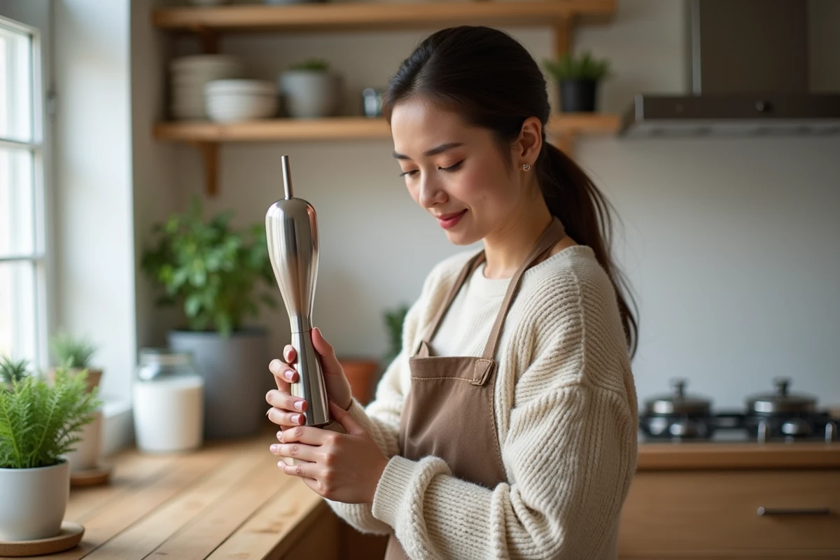 Femme dans la cuisine avec siphon à chantilly