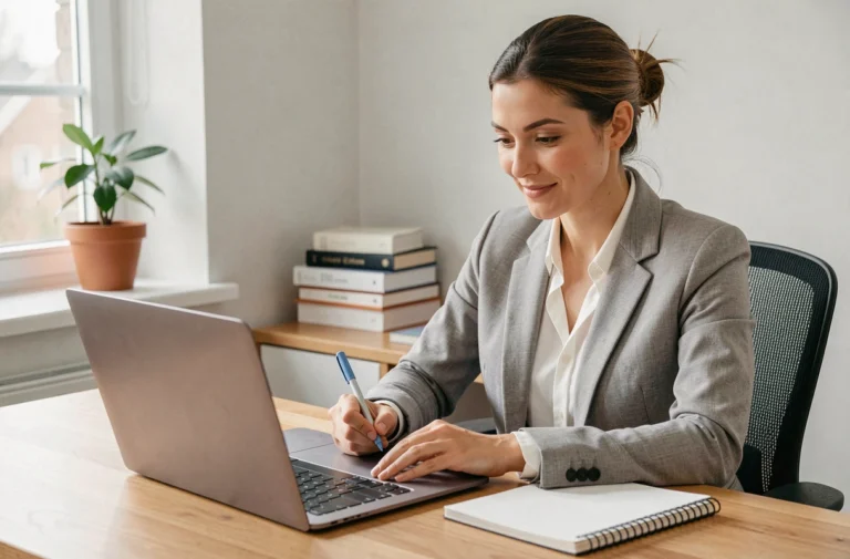 Femme professionnelle suivant une formation en ligne sur ordinateur portable dans un bureau à domicile organisé