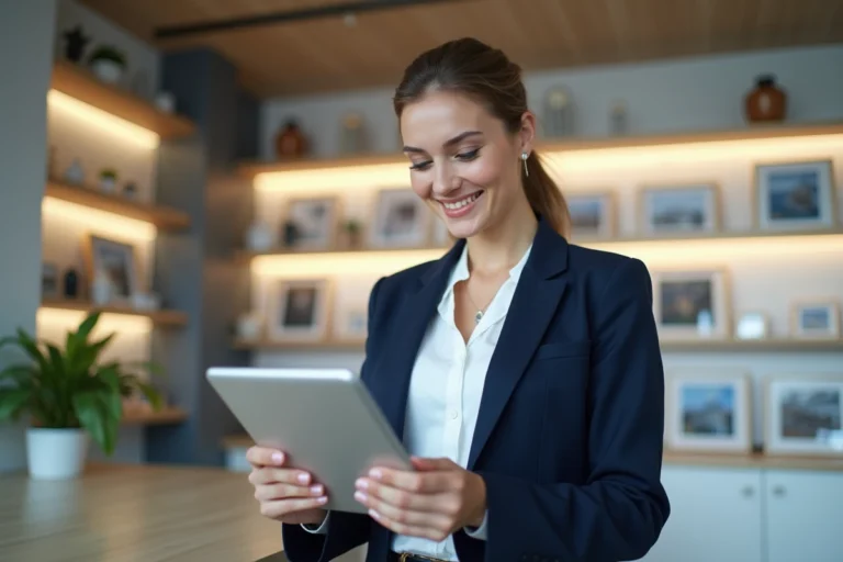 Femme professionnelle en immobilier avec tablette dans un bureau moderne