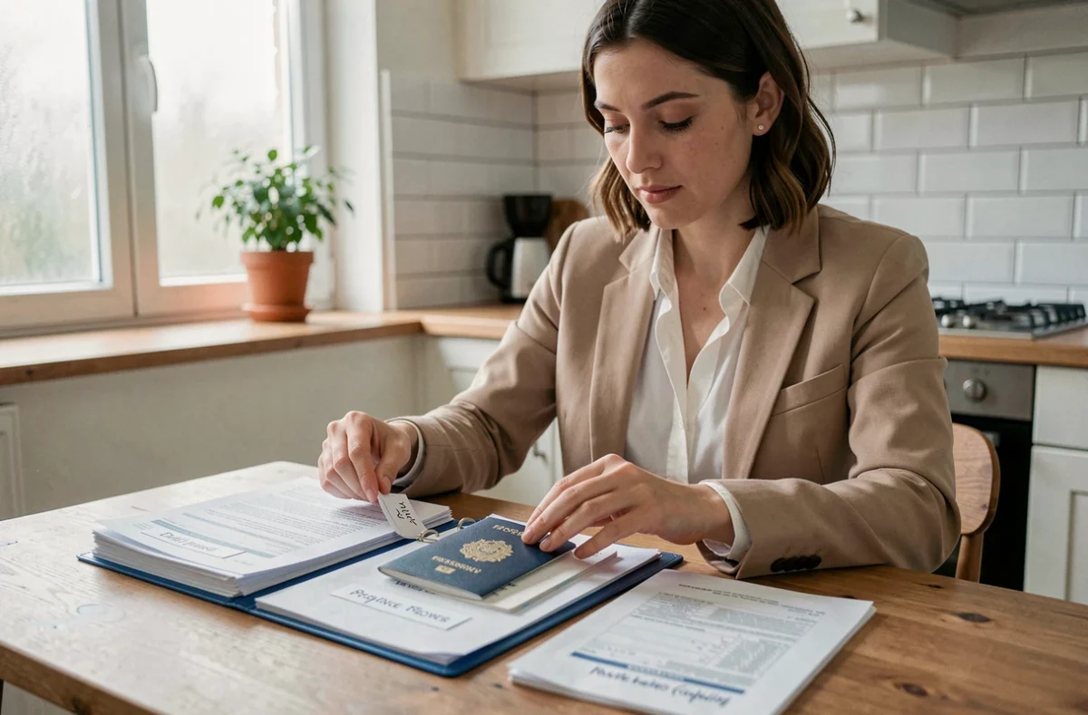 Femme organisant ses documents pour une demande de location dans une cuisine moderne