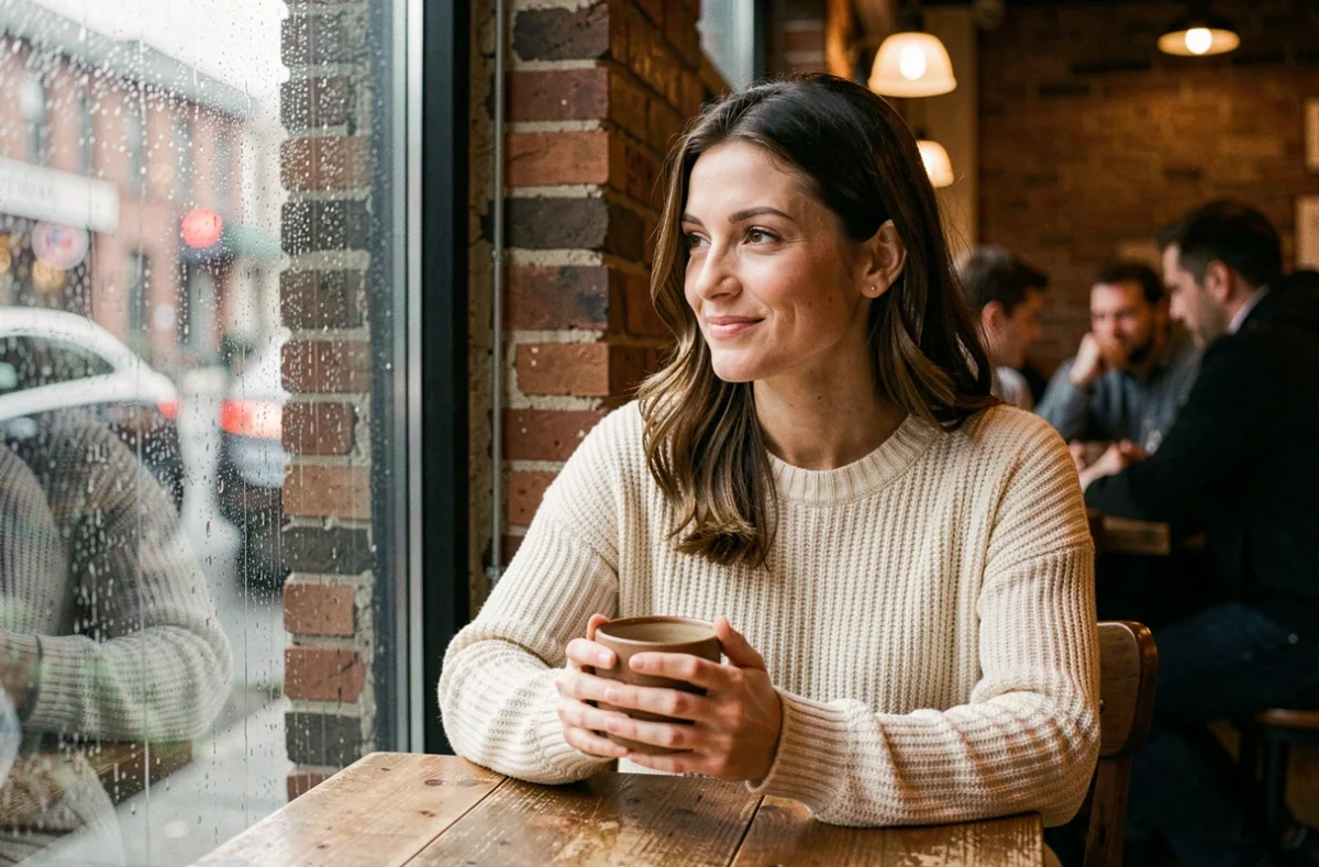 Femme pensive dans un café regardant par la fenêtre sous la pluie, évoquant la pensée à quelqu'un d'absent