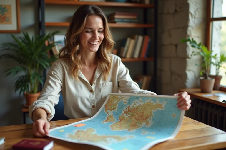 Femme planifiant son tour du monde avec des cartes et guides de voyage étalés sur un bureau en bois