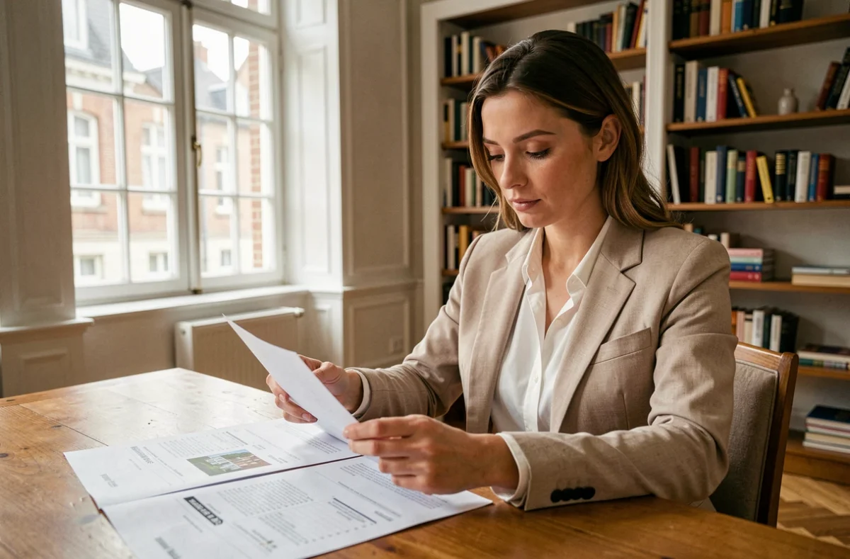 Femme consultant des annonces immobilières dans un appartement belge avec parquet en chevrons