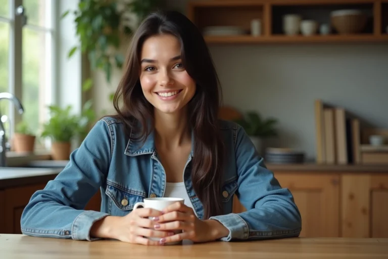 Jeune femme souriante dans une cuisine chaleureuse