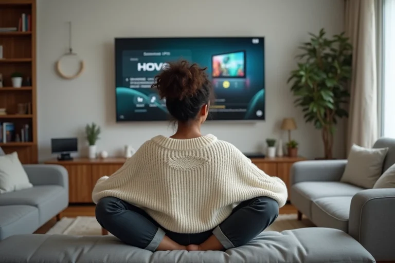 Jeune femme française regardant Moovbob en streaming sur sa télévision dans un appartement parisien avec un VPN sur son ordinateur portable