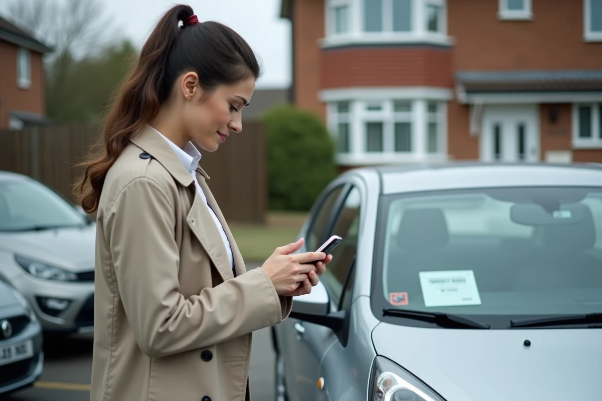 Femme vérifiant le changement de carte grise via smartphone devant une voiture garée