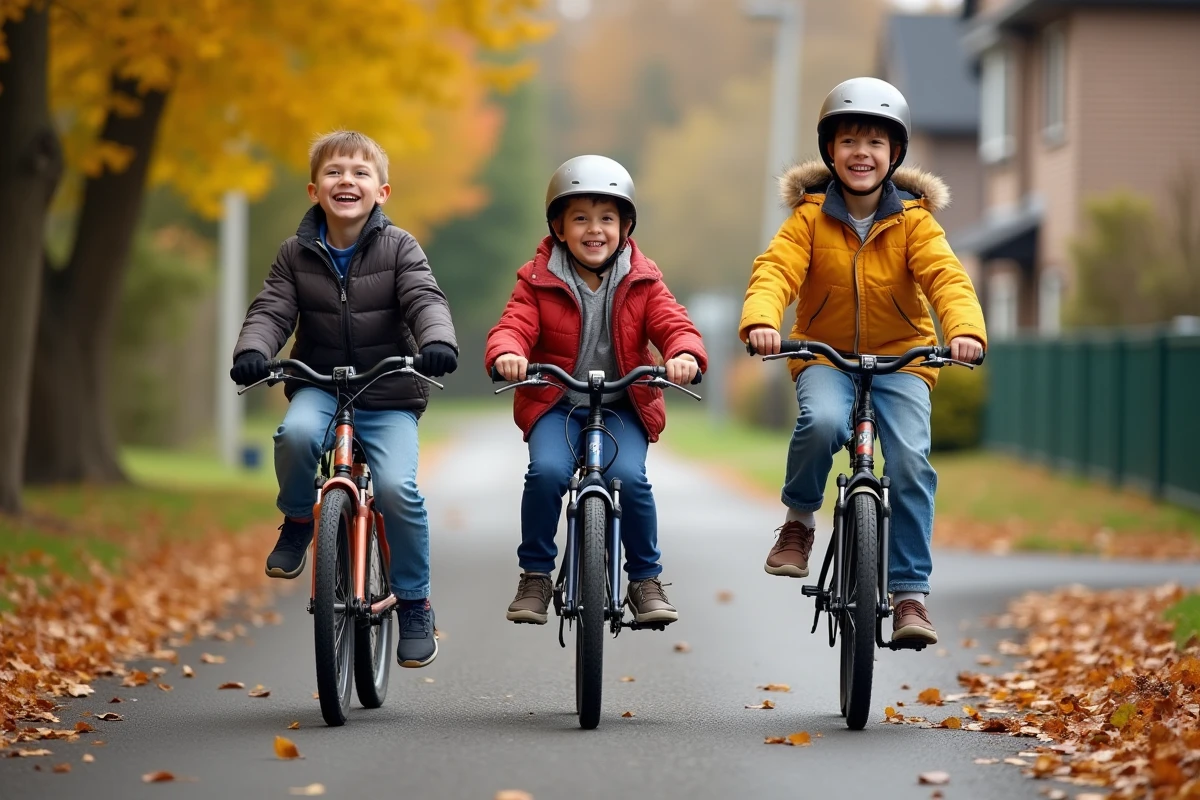 Freres et soeurs riant en faisant du vélo dans la nature