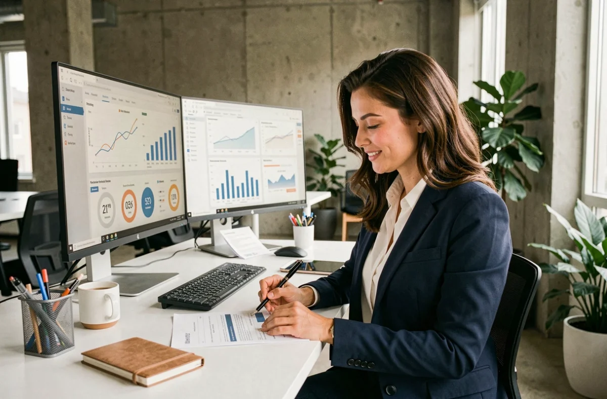 Femme professionnelle analysant des tableaux de bord de performance en ligne dans un bureau moderne