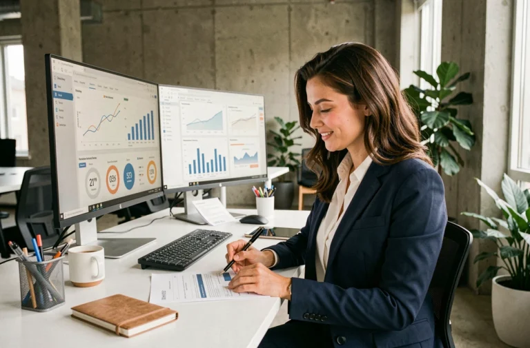 Femme professionnelle analysant des tableaux de bord de performance en ligne dans un bureau moderne