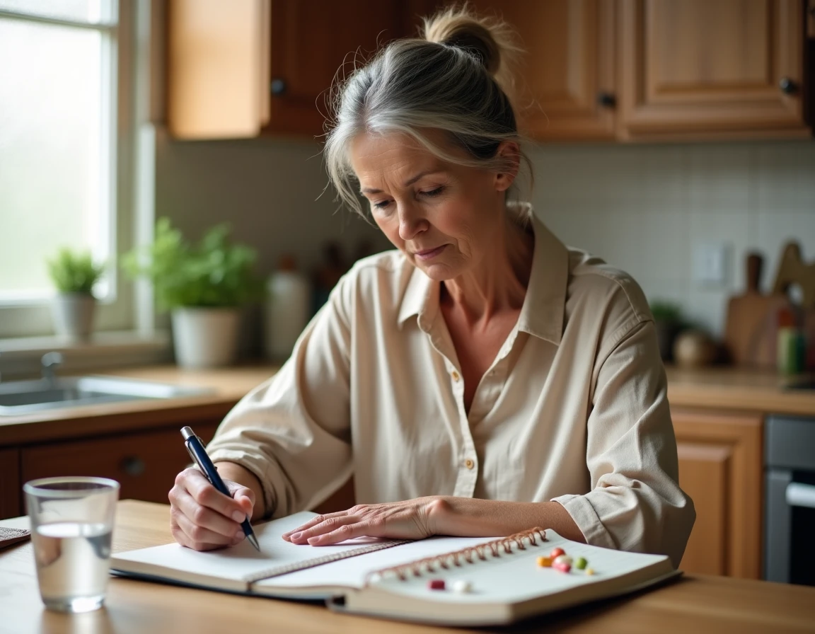 Une femme âgée gérant son traitement quotidien avec un pilulier et un journal de santé à la maison pour la leucopathie vasculaire