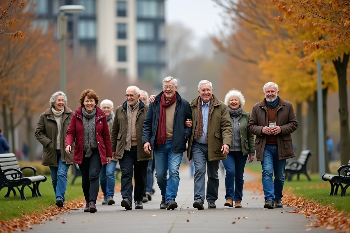 Groupe de seniors marchant dans un parc urbain en automne