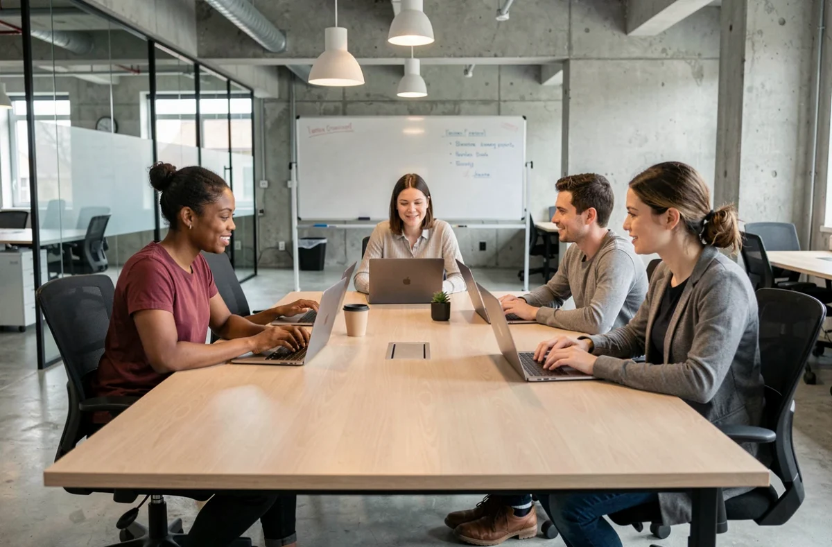 Groupe de professionnels participant ensemble à une formation en ligne dans un espace de coworking moderne