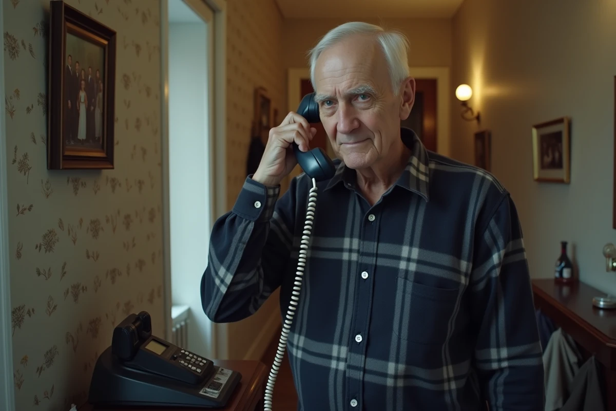 Homme âgé composant un numéro sur un téléphone fixe dans un couloir d'appartement