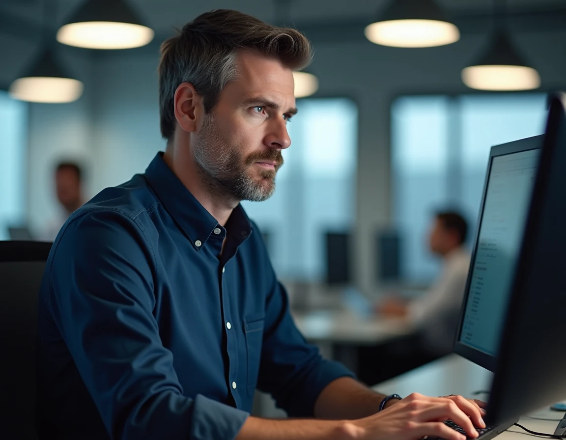 Homme consultant les paramètres de son webmail professionnel dans un open space de bureau à Lyon
