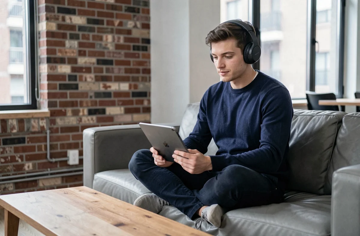 Jeune homme suivant une formation professionnelle en ligne sur tablette dans un salon moderne et décontracté